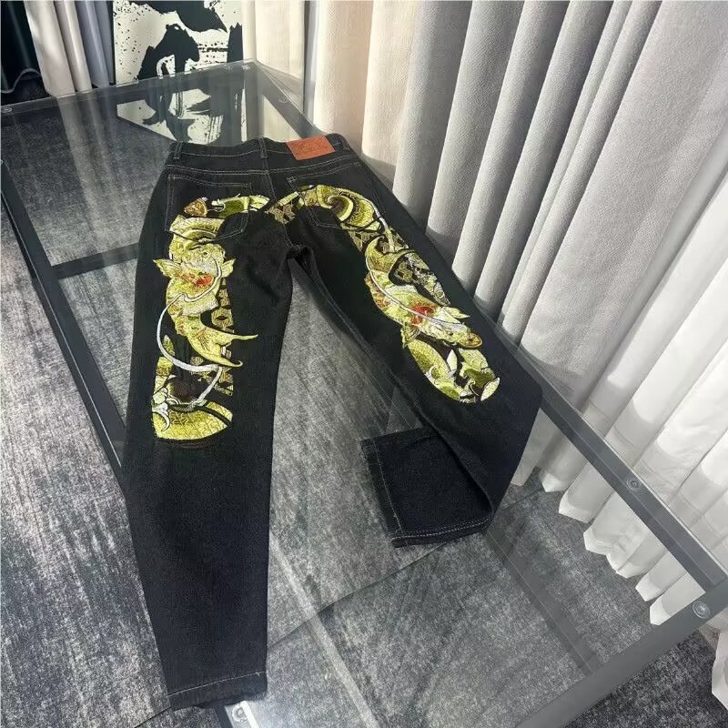 新款福运鲤鱼跃龙门刺绣黑色牛仔裤男宽松直筒脚休闲时尚潮牌裤子|undefined