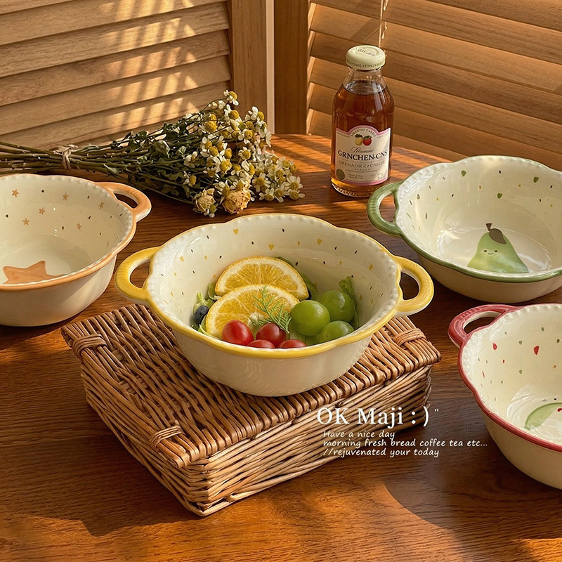 Underglaze color double-ear bowl household 2026 new ceramic soup bowl instant noodle bowl high-looking fruit salad bowl yogurt bowl