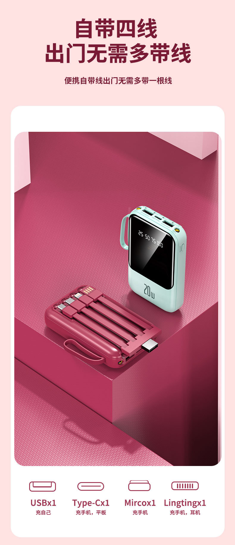 Powerbank großer Kapazität Schnellladen 20000mAh mit integriertem Kabel kompakt tragbar mobile Stromquelle Geschenkdruck mit Logo