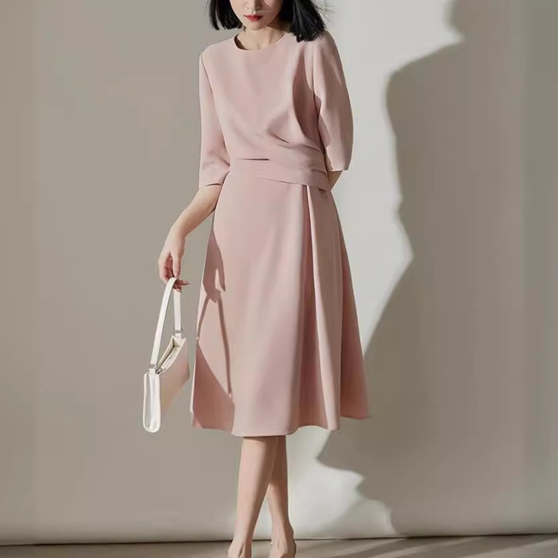 Ready Stock for Jane Slim French Boat Neck Waist Pleated Dress Women's 2024 Summer New Style Casual