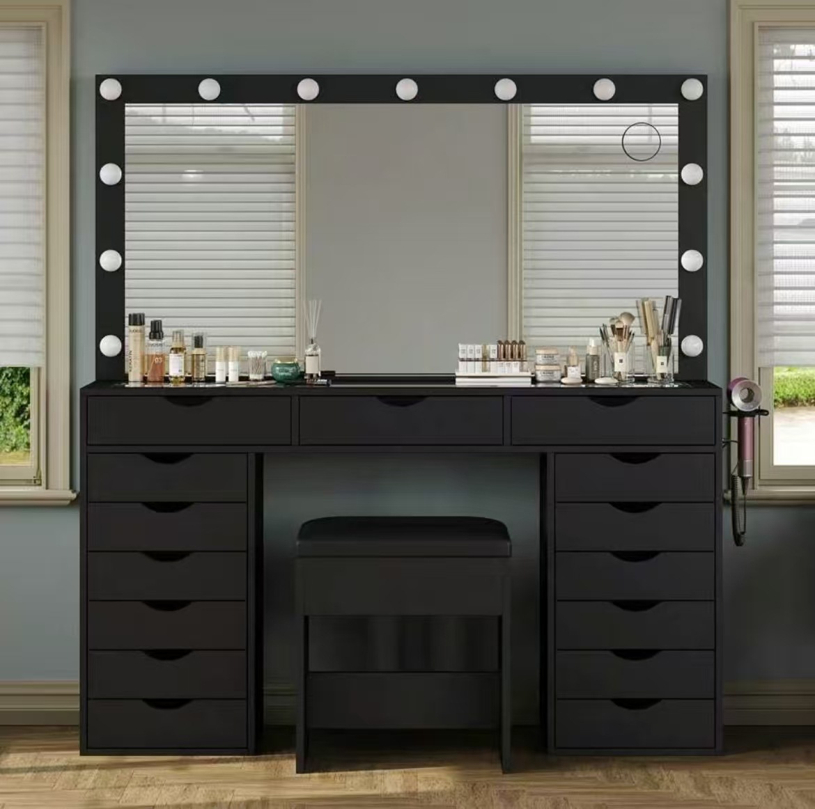 Cross-Border E-Commerce 55inch W Dressing Table, with Power Outlet, Equipped with a Makeup Mirror with Lighting