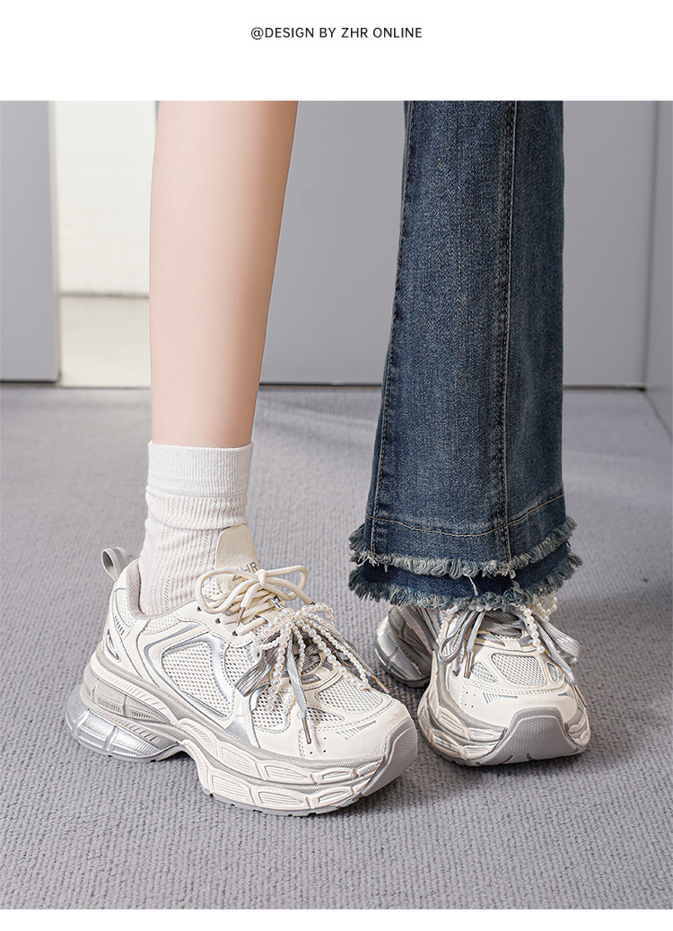 Giày sneaker nữ chunky đế dày 7,8cm mặt lưới thoáng khí dây ngọc trai — KD29E Màu be chi tiết 18