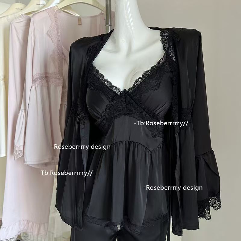 [Ruth Same Style] Spring and Summer Satin Ice Silk Long Sleeve Long Three-Piece Set with Chest Pad Lace Home Clothes