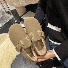 软皮全包勃肯鞋女加绒保暖2024新款秋冬毛毛鞋复古平底纯色豆豆鞋