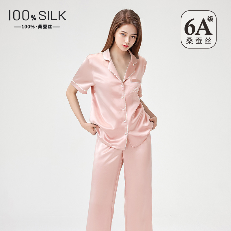 19 Mmi 헤비 실크 파자마 여성 여름 반팔 바지 100% 누에 실크 착용 홈 의류 세트