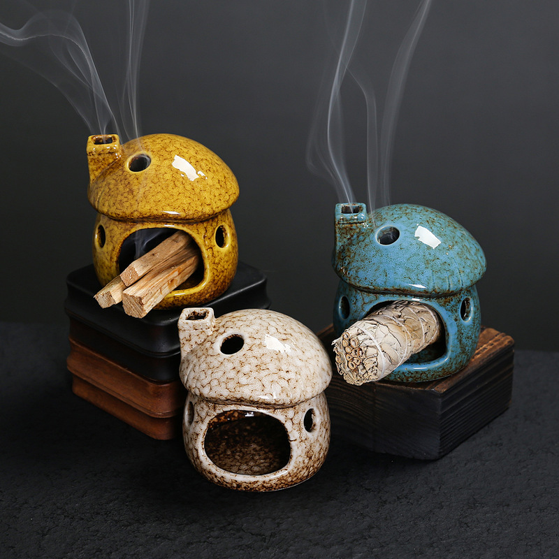 窑变陶瓷蘑菇小壁炉秘鲁圣木燃烧支架palo santo holder鼠尾草盘|undefined