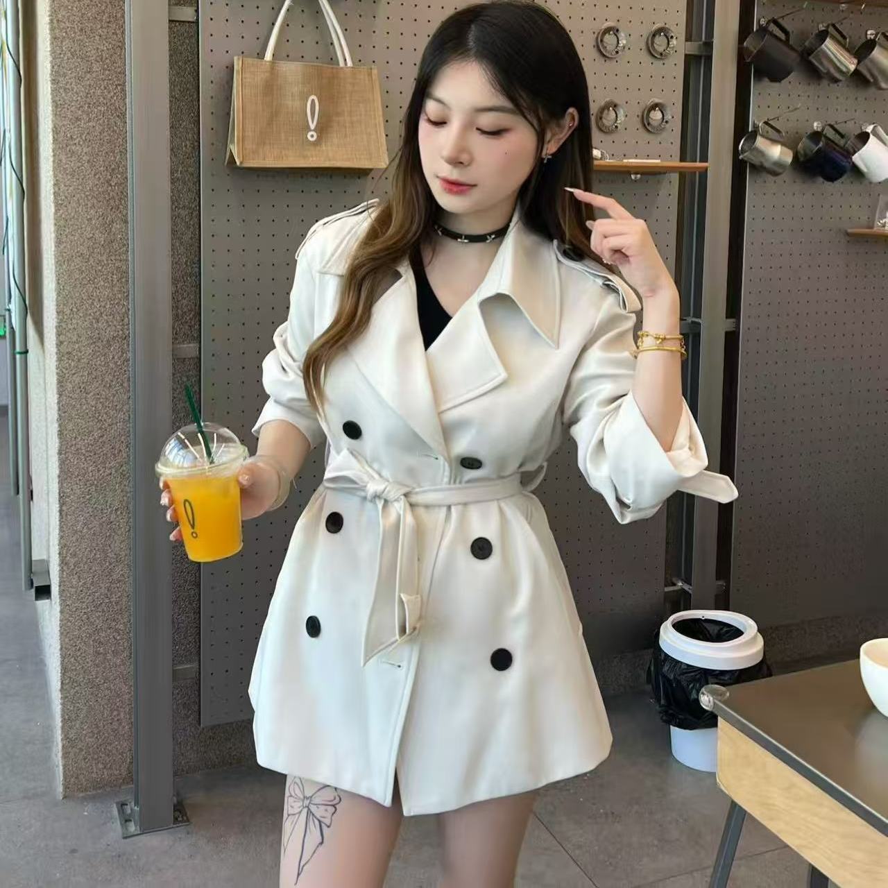 【秋季新款】拼接收腰短款春秋女装秋季中长款风衣女插肩袖网红