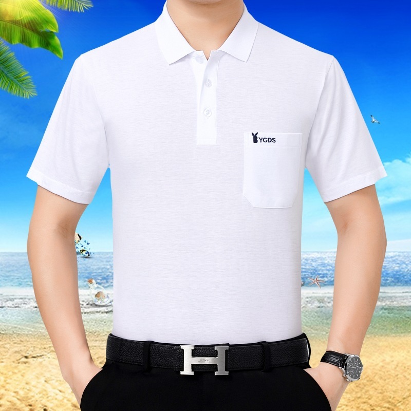 父純綿tシャツ男半袖中年男服折り襟真袋純色男中老人カジュアルtシャツ男|undefined