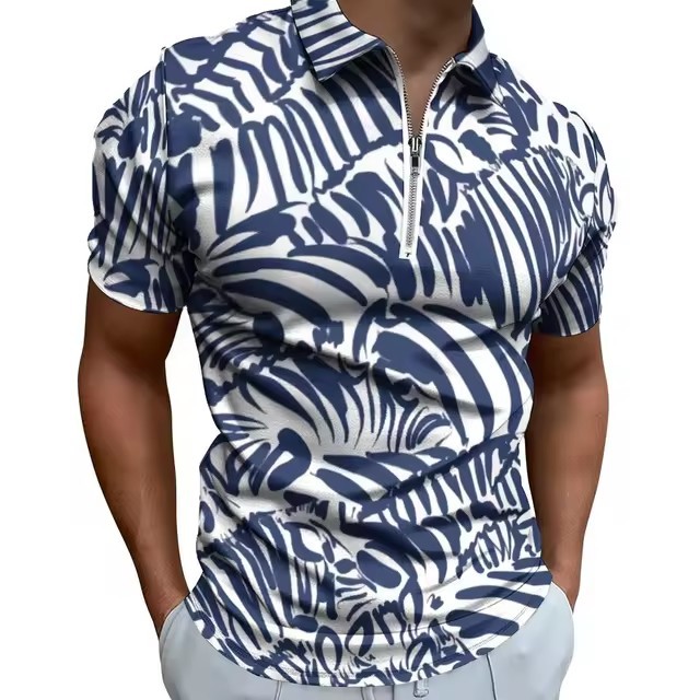Camisa POLO con cremallera de manga corta suelta y transpirable con estampado 3D de graffiti a rayas irregulares de colores personalizados para hombres