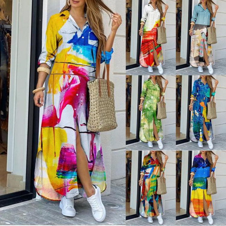 Women's A-line Skirt Casual Shirt Collar Long Sleeve Color Block Maxi Long Dress Daily Street display picture 1