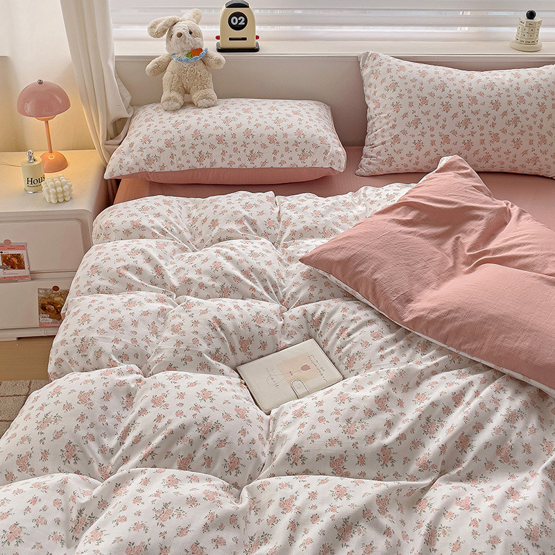 Xiao Zhu Cotton Class a Maternal and Infant Four-Piece Set Ins Washed Cotton Duvet Cover Bed Sheet Fitted Sheet Student Dormitory Three-Piece Set Fitted Sheet Style