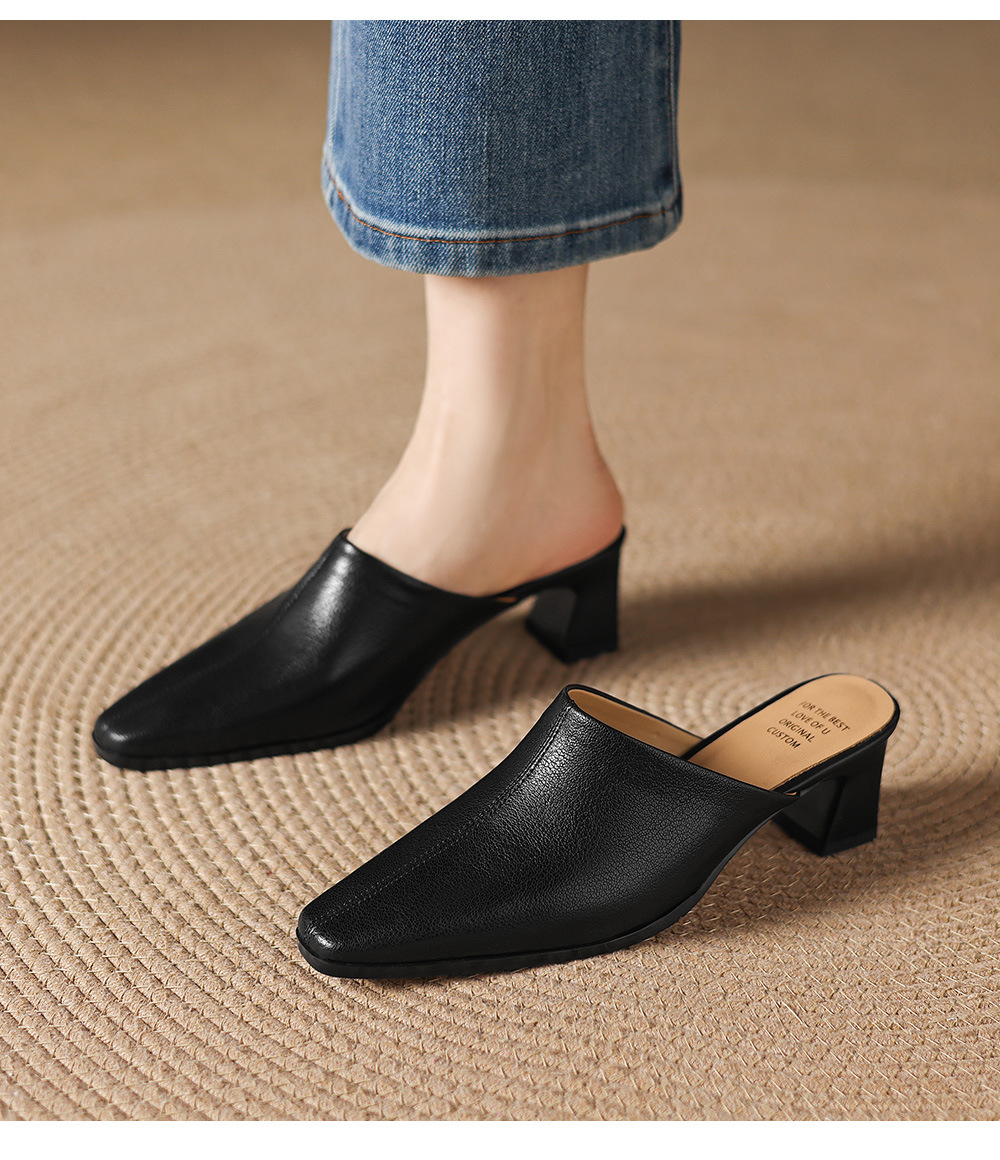 Giày sandal cao gót nữ hở mũi da bò gót thô 5 cm — đen chi tiết 17