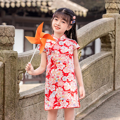 Qiangwei Girls 23 Summer Short Sleeve Cheongsam Dress Baby Chinese Style Performance Guzheng Dress Children's Skirt