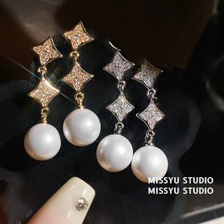 18K真金电镀锆石芒星珍珠耳环轻奢高级感耳钉法式复古时尚耳饰女