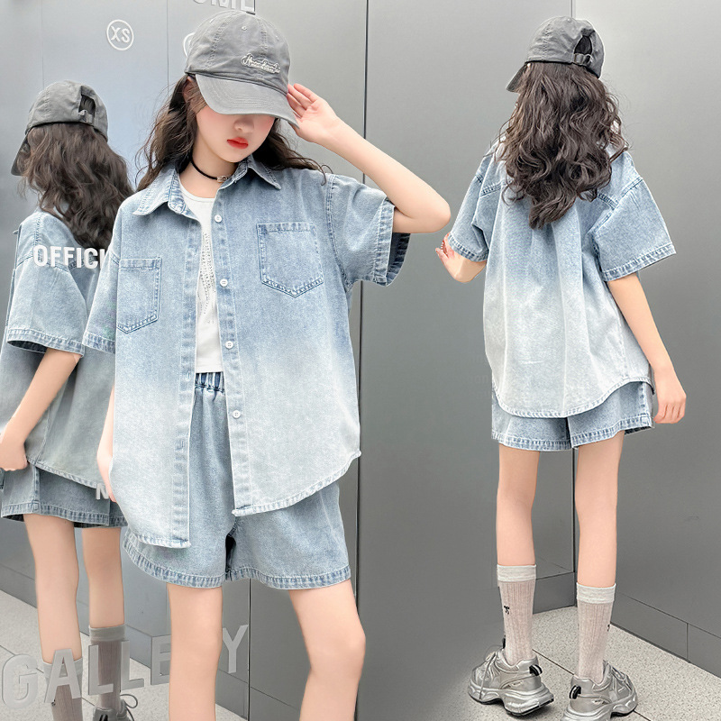 Girls' suit Summer Thin Children's Denim Shorts Short-sleeved Girls' Summer Western Style Cardigan Children's Three-piece Set