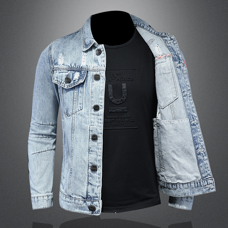 2023 Spring New European Style Men's Light-Colored Lapel Denim Jacket With Bee Embroidery QT5027/H06520_mkmklike.com
