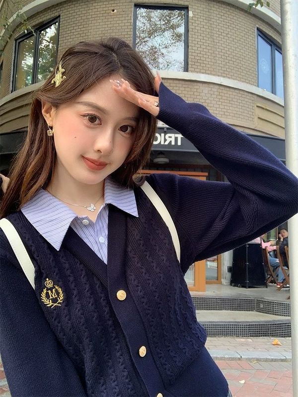 少し太ったmmカレッジスタイル偽ツーピースニットトップ女性のための秋と冬の新しいルーズでスリムなデザインのセータージャケット|undefined