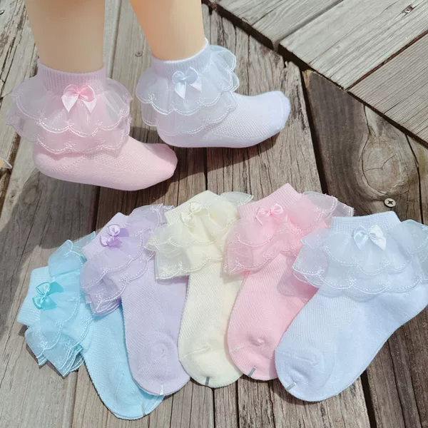 Bowknot Double-Layer Lace White Lace Socks for Girls, Summer Thin Pure Cotton Children's Dance Socks for Performances and Host Use