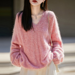秋冬新款拉绒羊绒衫女V领花纱时尚针织毛衣宽松羊毛打底慵懒上衣
