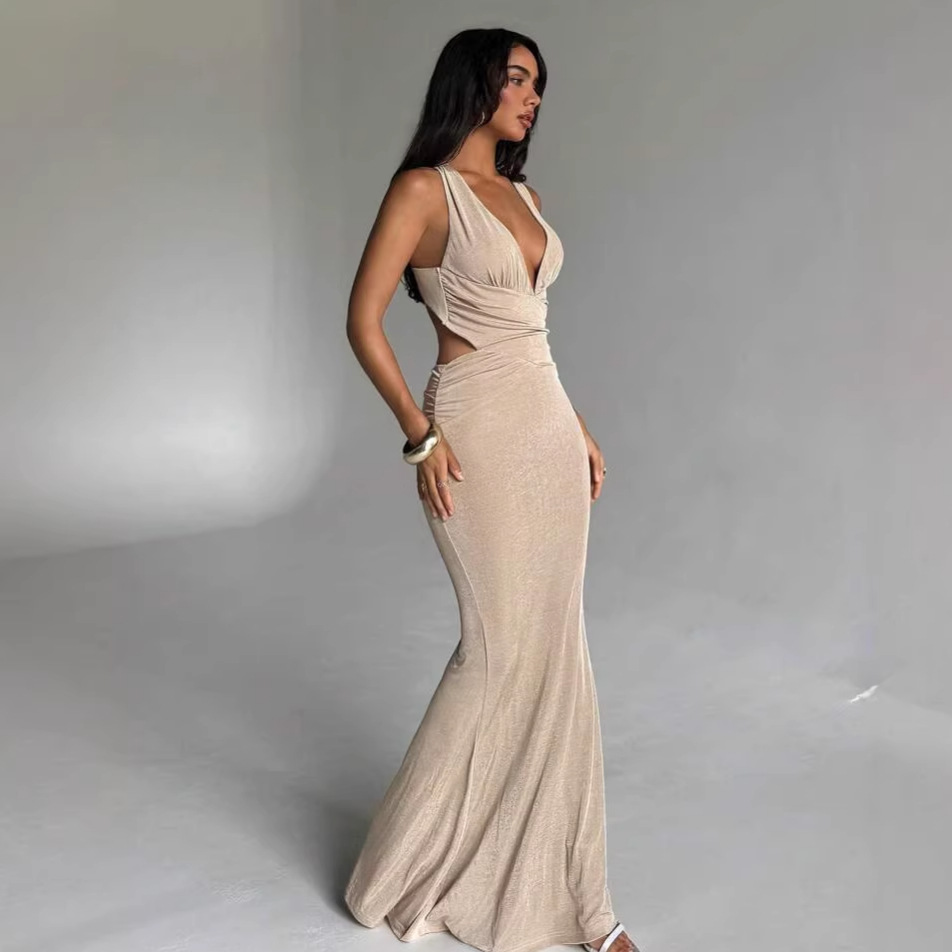 Summer Sexy Backless Hollow Out Long Dress V Neck Slim Fit Glitter Women's Fashion Elegant Dress_ecoleips.com