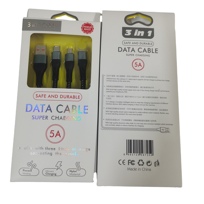 Fábrica al por mayor 120w trenzado un arrastrar tres cables de datos 3 en 1 cable de carga para Android Apple typc carga rápida