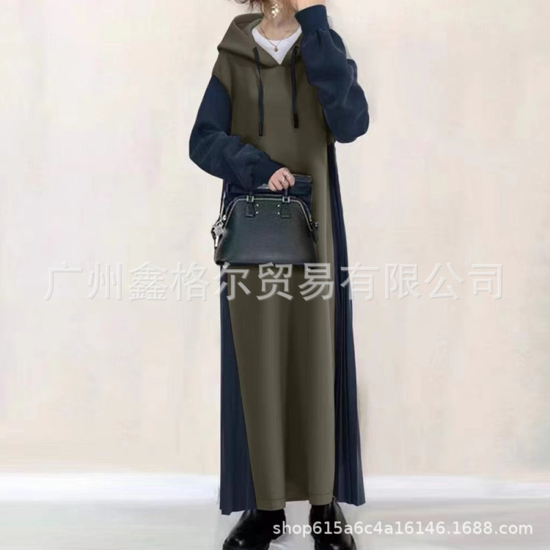 现货2025跨境秋季热卖长裙连帽拼色长款连衣裙|undefined