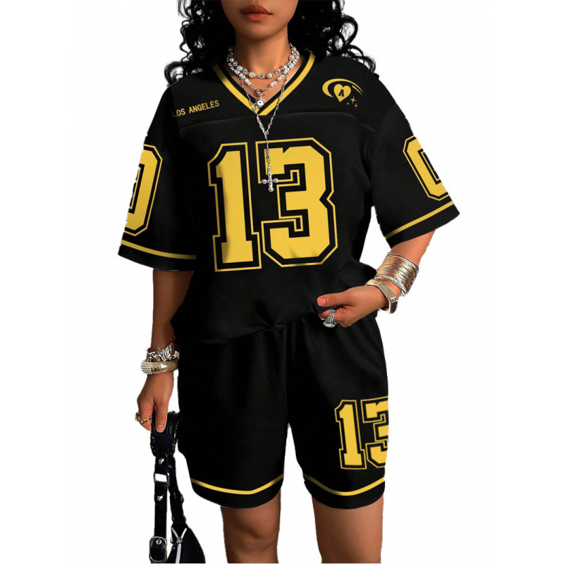 Collar transfronterizo impresión personalizada moda casual camiseta suelta de dos piezas juego de fútbol callejero americano