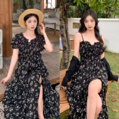 2025 花柄ドレス女性の夏の新しいフレンチスタイルのハイエンドの優しいスリットウエスト痩身黒のガールフレンドドレス