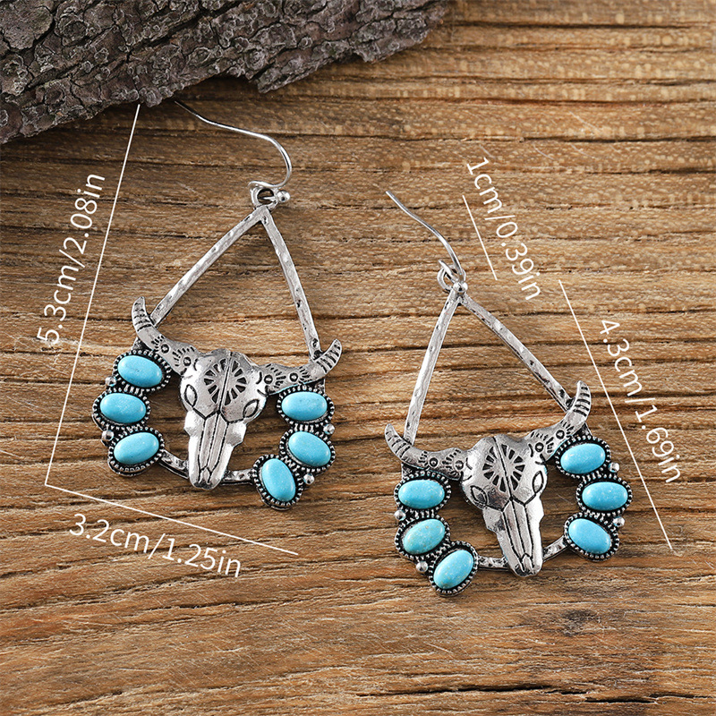 14g Weight Zinc Alloy Ear Needle Material 1 Pair Classical Ethnic Style Bull Head Plating Inlay Zinc Alloy Turquoise Drop Earrings