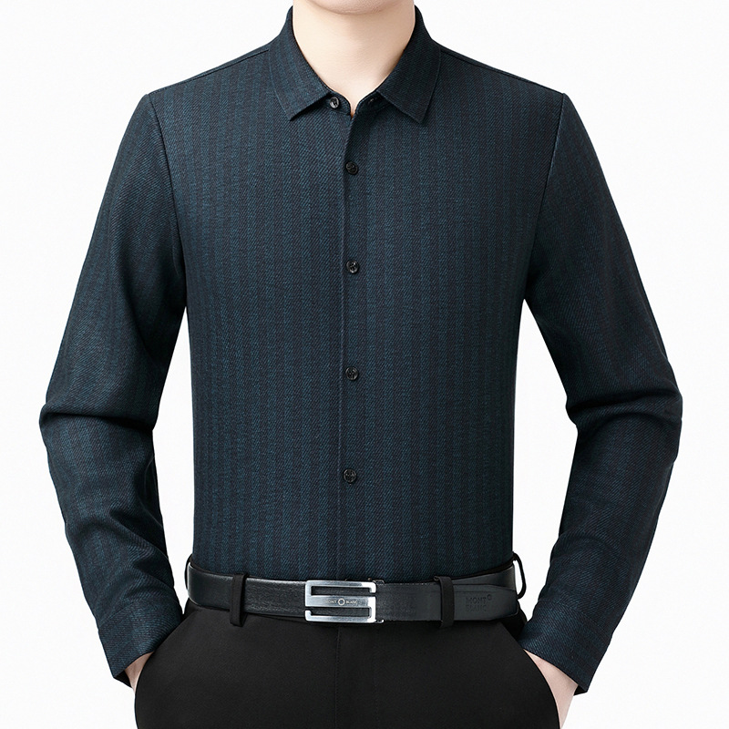 专柜正品男士羊毛衬衫新款商务休闲中年爸爸上衣免烫加绒男装衬衣