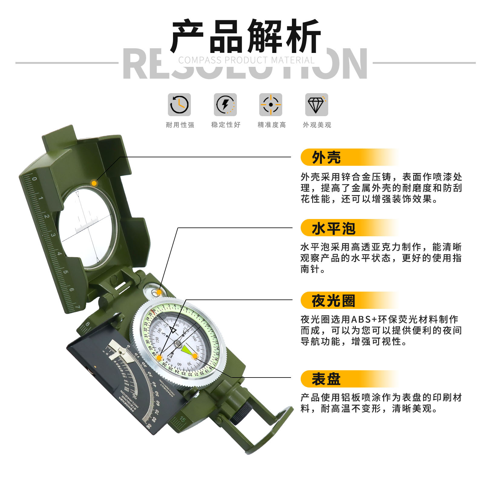 Suministro directo de fábrica K4074 alta precisión al aire libre americano multi-funcional ejército verde brújula Norte aguja de metal con fluorescente