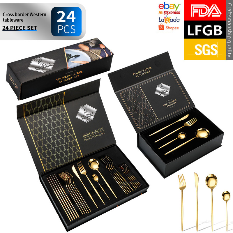 Cross-border Hot Selling Portuguese Stainless Steel Tableware 24 Pieces suit Western Food Steak Knife and Fork Spoon Gift Box Tableware suit