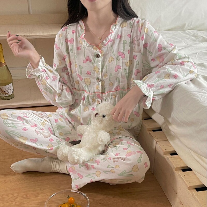 Clearance Sale Double-Layer Gauze V-Neck Cardigan Maternity Wear Thin Nursing Top Long-Sleeve Long Pants Maternity Nursing Set