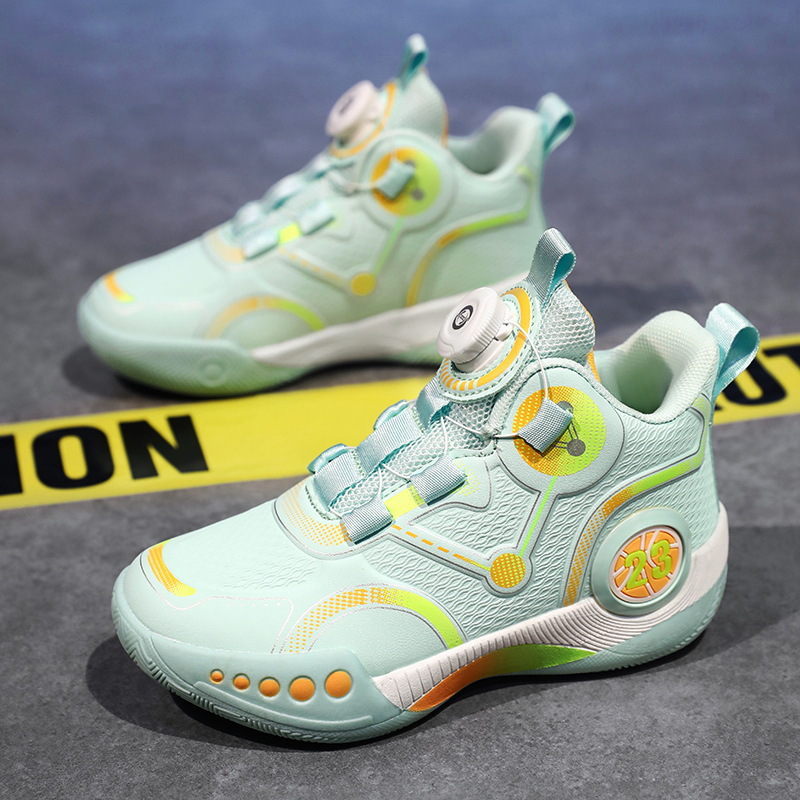 Zapatillas de baloncesto para niños 2025 primavera y otoño estilo caliente zapatos de entrenamiento de combate real para niños zapatos para correr con botones giratorios antideslizantes para niños grandes