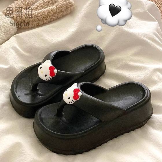 Cute KT Cat Flip Flops Women's Seaside Beach Shoes 2024 New Style Platform Thick Bottom Wedge Slippers Sandals