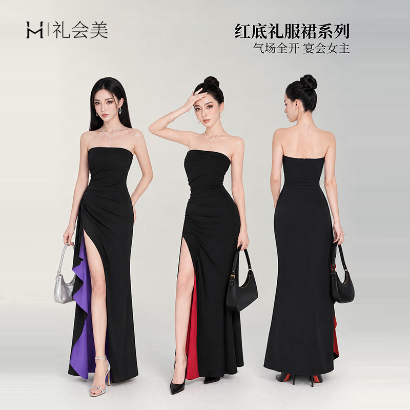 【In Stock Wholesale】Strapless Slit Dress Women's Gown Long Dress Birthday Dinner Party Light Luxury Elegant Slim Fit Dress