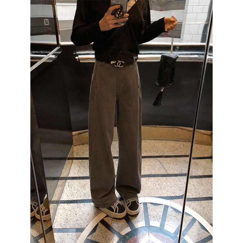 Large Bottle Niche Heavy Vintage Washed Narrow Wide-Leg Jeans for Women Slimming Straight Pants