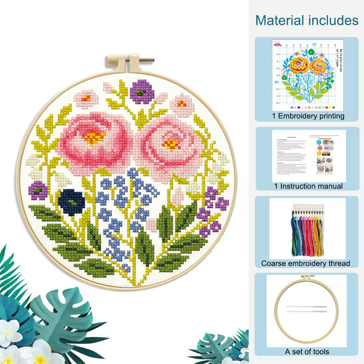 Flores rosas - paquete de materiales + tensión de bordado