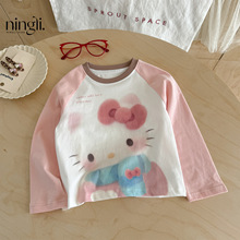 柠里儿童春秋全棉T恤2025新款洋气撞色插肩袖时髦女童长袖上衣潮