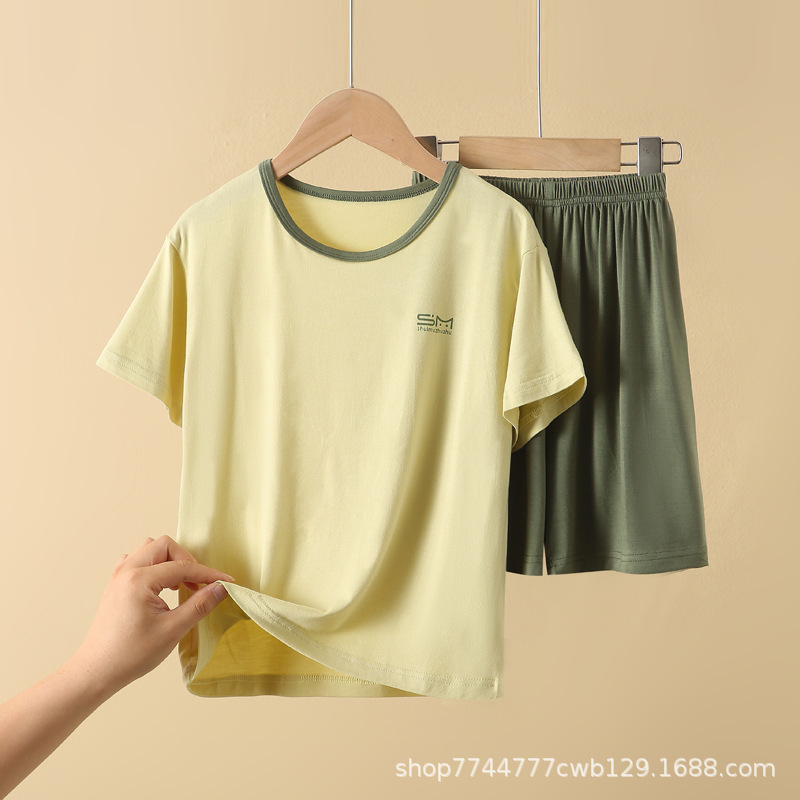 Children's Modal Pajamas 2025 Summer Thin Boys' Short-Sleeved Suit Home Clothes Medium and Large Boys' Air Conditioning Clothes