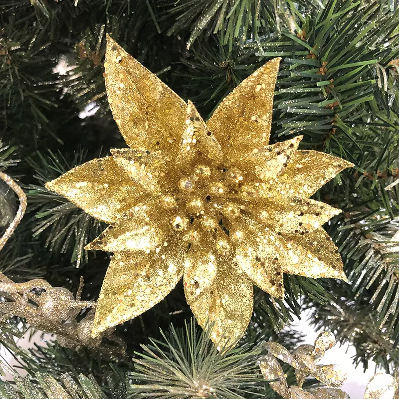 厂家现货批发圣诞金色红色香槟色仿真圣诞花混合叶子手工枫叶型装