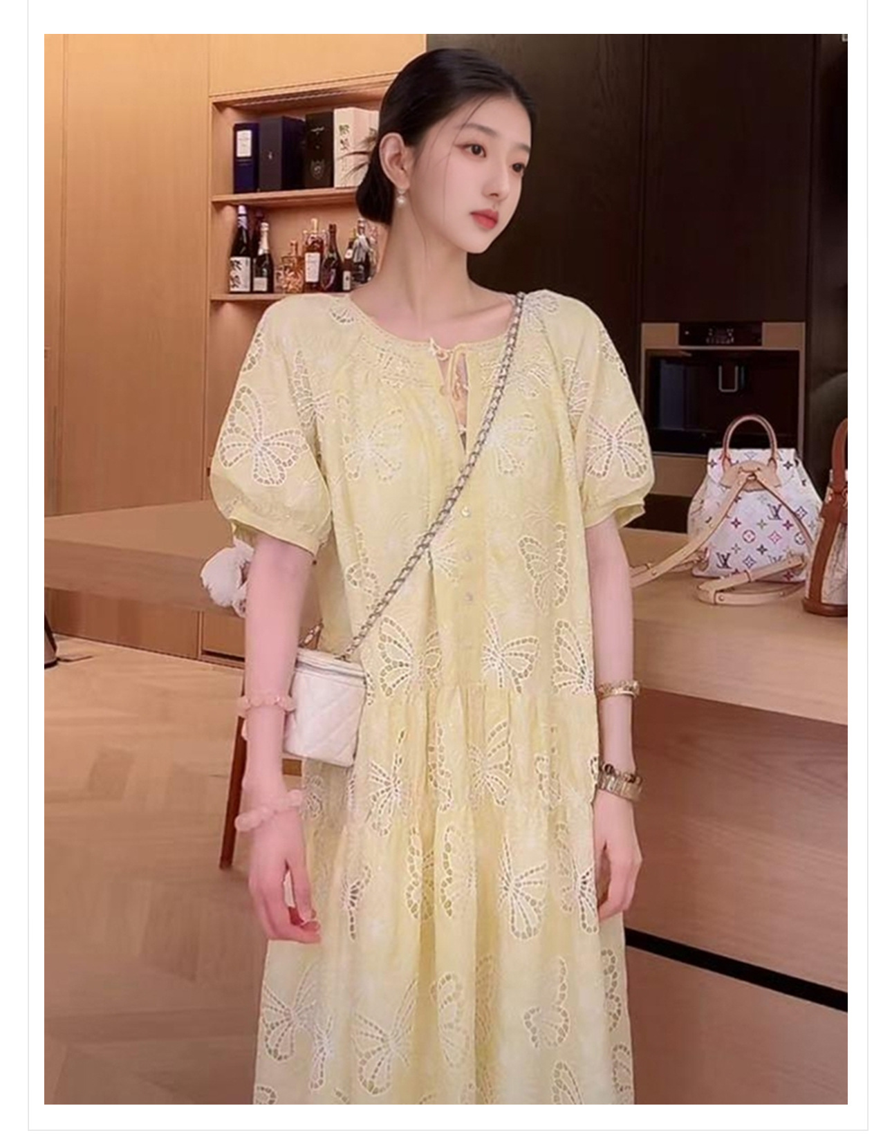 Váy dài thêu bướm phong cách thanh lịch dáng rộng mùa hè ZX N4071 — Màu vàng mù tạt chi tiết 2