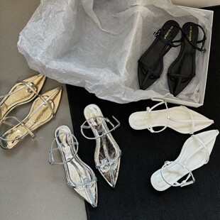 2025 Spring and Summer Korean Style Pointed Toe Flat Women's Korean Style Wedge Heeled Cross Buckle Roman Women's Shoes Design Sense Sandals for Women