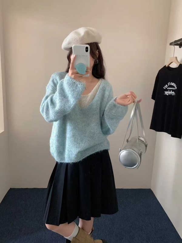 2025秋季新款套头假两件毛衣女外搭韩版V领宽松女装针织秋装上衣|undefined