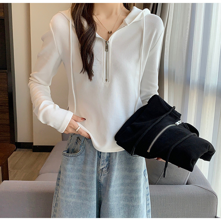 Cross-border 2024 Design Niche Autumn Short Zipper Top Thin Long-sleeved Hooded Sweatshirt Western Style Women