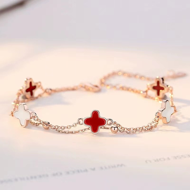 925 Sterling Silver Four-Leaf Clover Double-Layer Five-Flower Bracelet for Women, Light Luxury, High-End, Niche Agate Jewelry Gift for Girlfriend