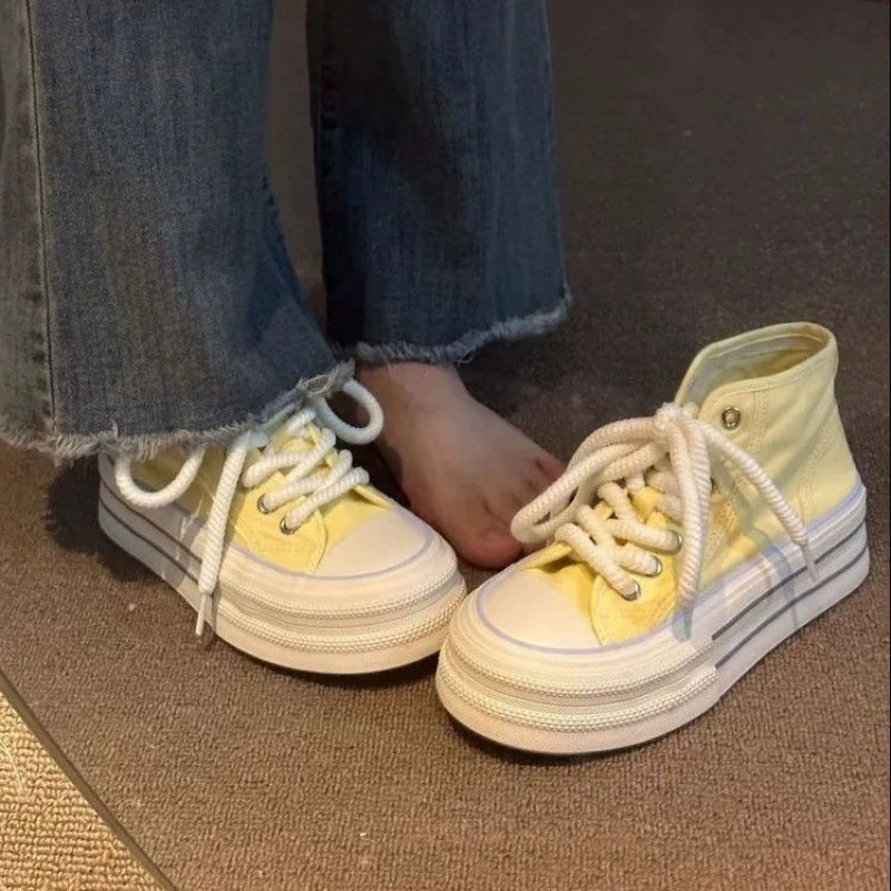 Juelaifei thick-soled breathable canvas shoes 2025 spring new versatile casual high-top canvas shoes for women