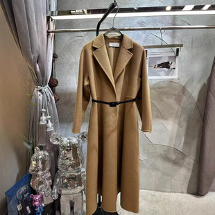 2025 New Autum Double-Sided Hand-Stitched Cashmere Elegant Slim Leather Belt Wool Long Outwear Jacket for Women