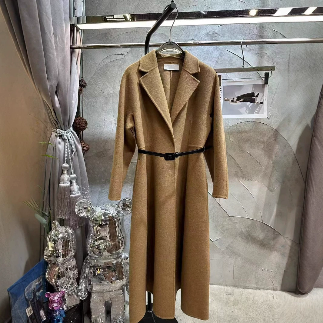 Женское элегантное длинное шерстяное пальто из кашемира двойной вязки, сшитое вручную, приталенного силуэта, с кожаным поясом, осень 2025 года.