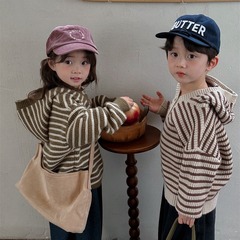 佳葉童品2024兒童春季新款條紋毛線衣男女寶寶寬鬆連帽衛衣外套